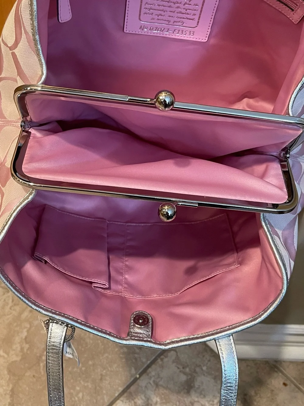 Pink Patterned Tote with Silver Trim and Top Frame Closure